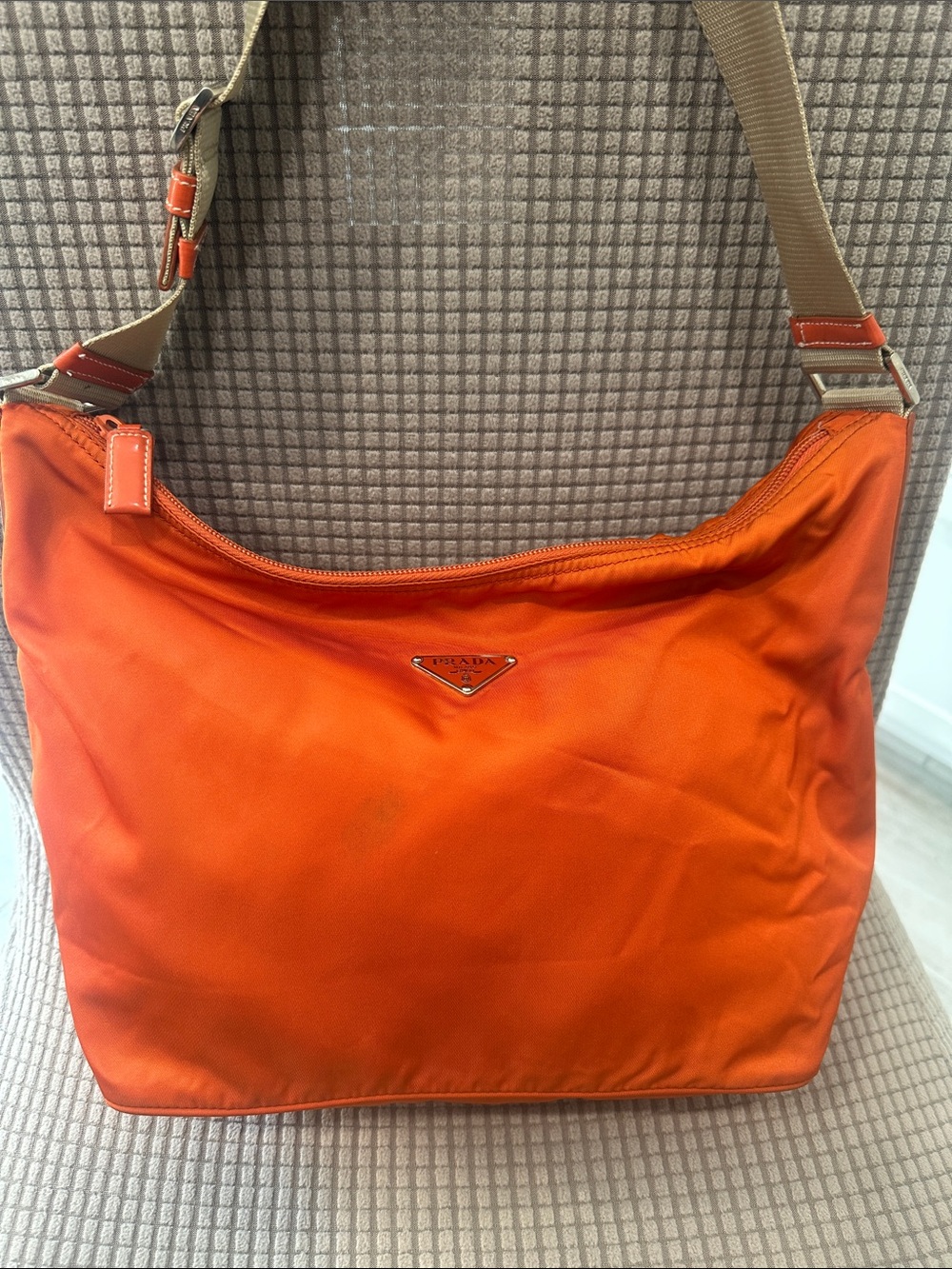 Prada Orange Nylon Shoulder Bag with Beige Strap - Picture 2 of 13